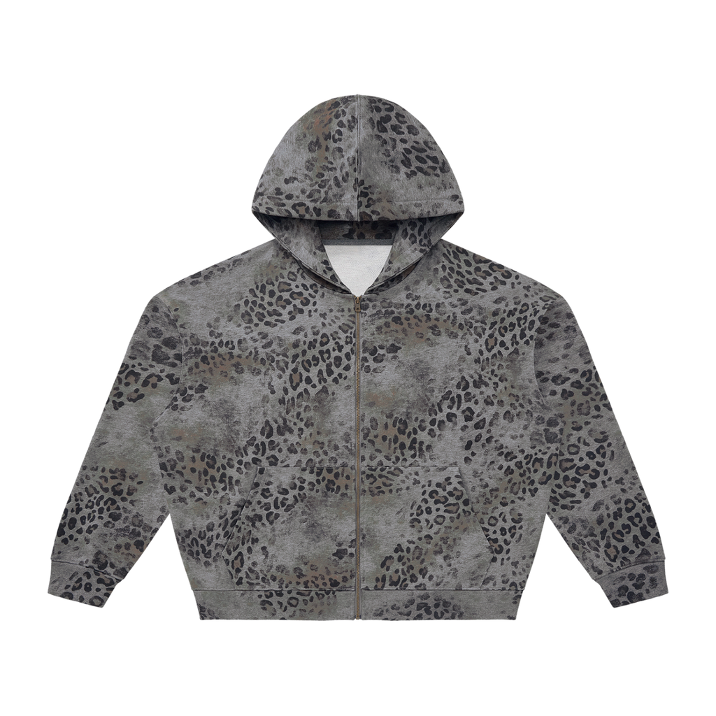 Unisex Vintage Wash Leopard Full Zip Hoodie
